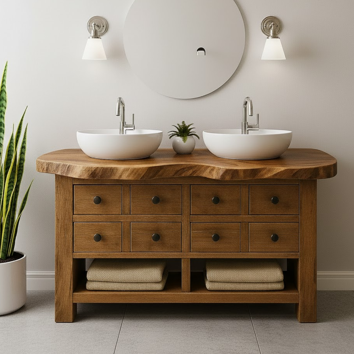 Handcrafted Solid Wood Live Edge Double Vanity - 8 Drawer Storage