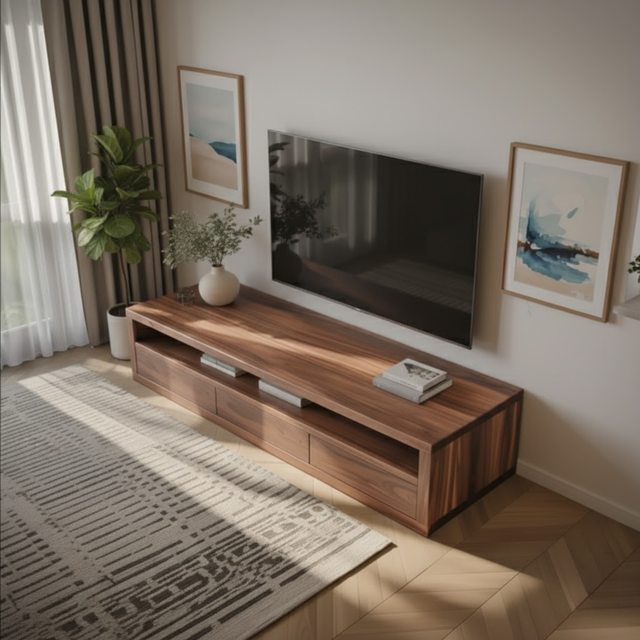 Modern Solid Wood TV Console with Storage, Minimalist Media Stand, Low Profile Entertainment Center, Natural Wood TV Cabinet