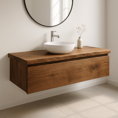 Handcrafted Floating Solid Wood Bathroom Vanity – Modern Live Edge Countertop with Single Drawer – Minimalist Natural Finish