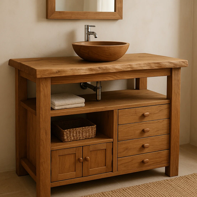 Handcrafted Solid Wood Bathroom Vanity with Live Edge Top and Multi Storage