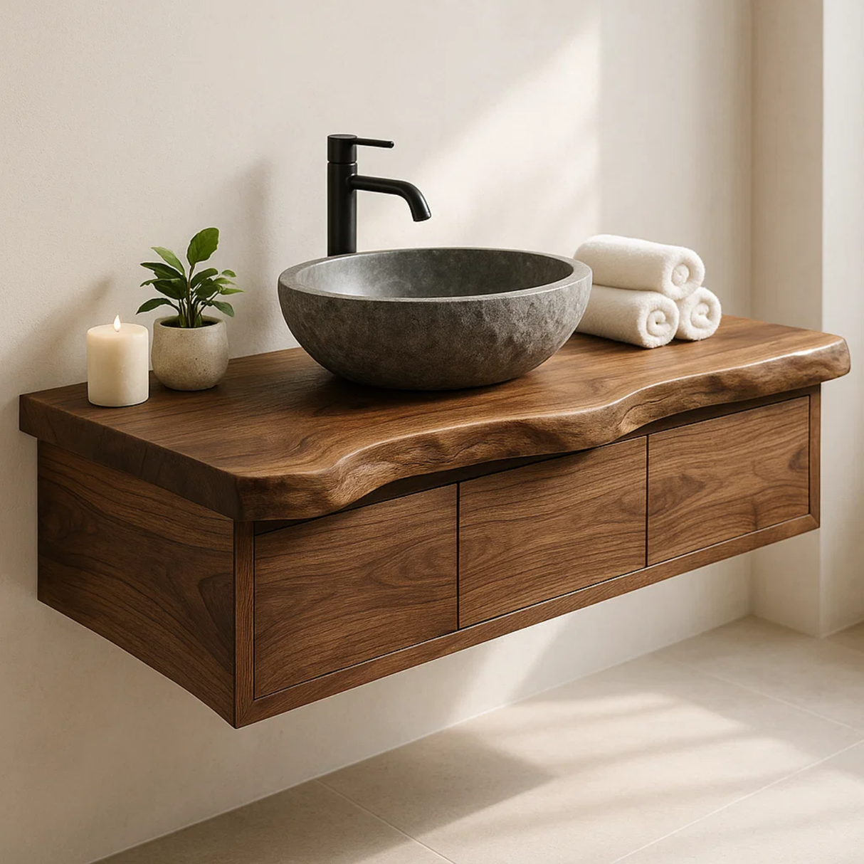 Handcrafted Solid Wood Floating Vanity - Live Edge Wall-Mounted Cabinet