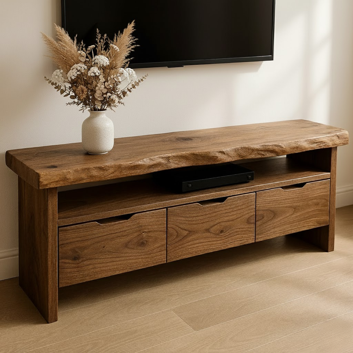 Handcrafted Solid Wood TV Stand with Live Edge Walnut Top and 3 Drawers