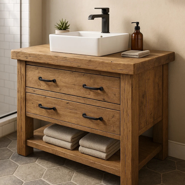 Handcrafted Solid Wood Bathroom Vanity with Rustic Oak Finish
