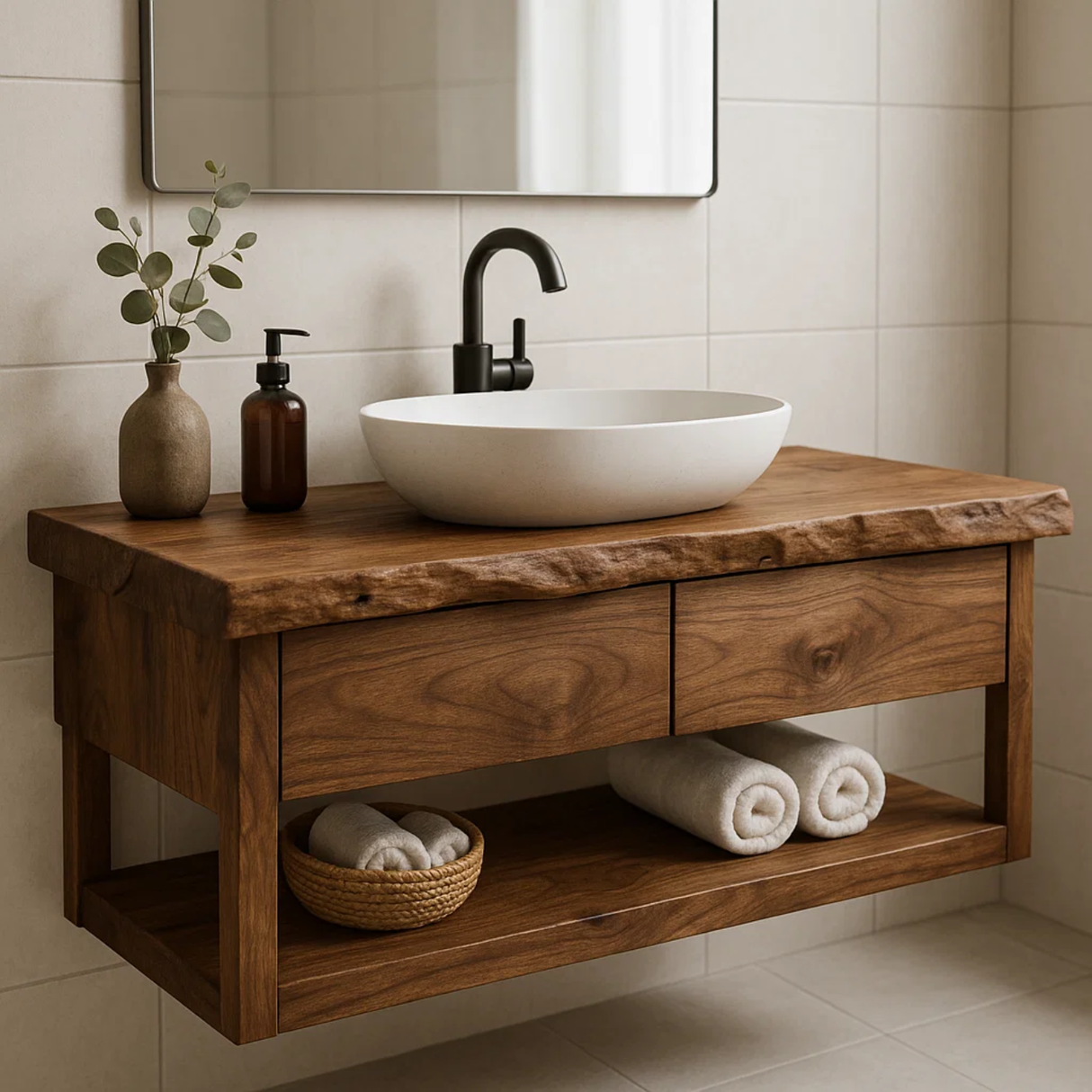 Handcrafted Solid Wood Floating Bathroom Vanity with Live Edge Top - Modern Rustic Washstand