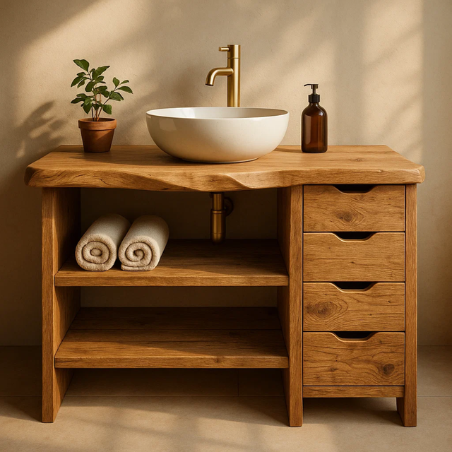 Handcrafted Solid Wood Bathroom Vanity with Live Edge Oak Top and 4 Drawers