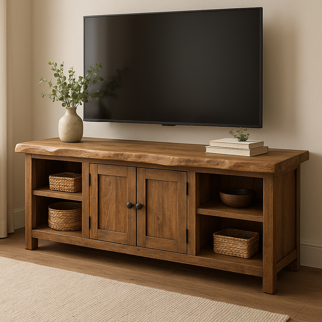 Handcrafted Solid Wood TV Stand with Live Edge Top – Rustic Farmhouse Media Console with Cabinets & Open Shelves
