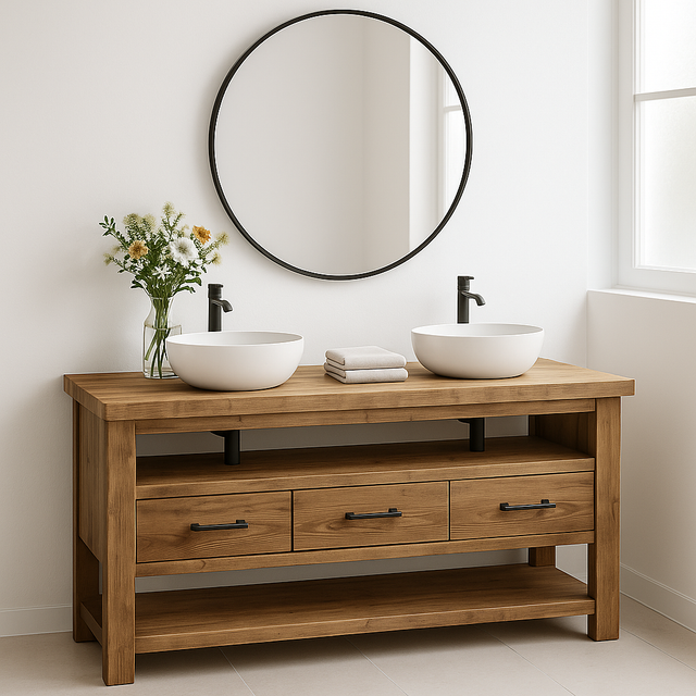Handcrafted Solid Wood Double Sink Vanity – Modern Rustic Base with 3 Drawers and Open Shelf