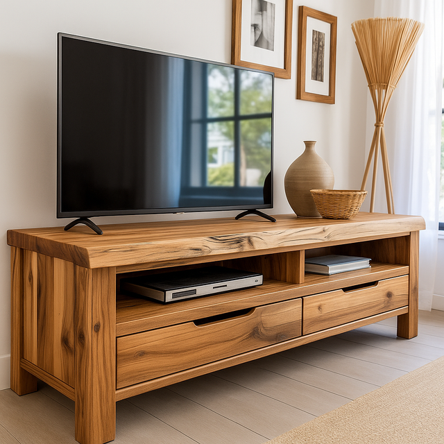 Handcrafted Solid Wood TV Stand with Live Edge Design – Rustic Natural Media Console with Drawers & Open Shelves