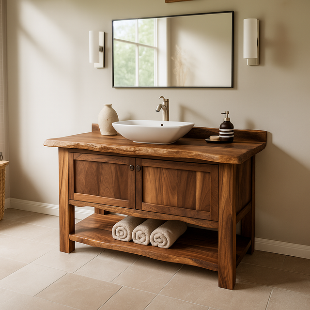 Handcrafted Solid Wood Bathroom Vanity – Rustic Live Edge Design with Open Shelf Storage