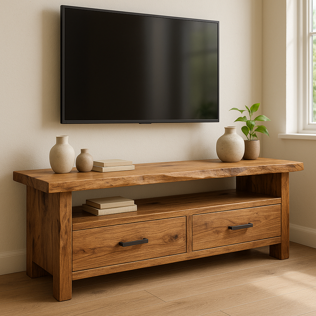 Handcrafted Solid Wood TV Stand – Rustic Hickory Media Console with Drawers and Live Edge Top