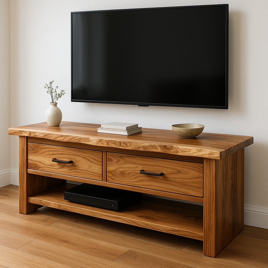Handcrafted Solid Wood TV Stand – Natural Hickory Media Console with Drawers and Open Shelf