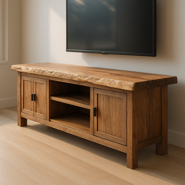 Handcrafted Solid Wood TV Stand – Rustic Hickory Media Console with Live Edge Top and Cabinets