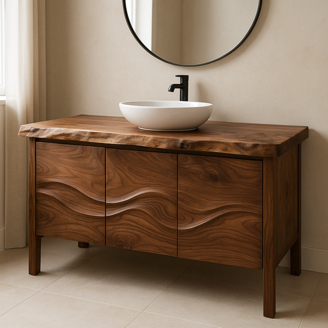 Handcrafted Solid Wood Bathroom Vanity – Live Edge Organic Wavefront Design
