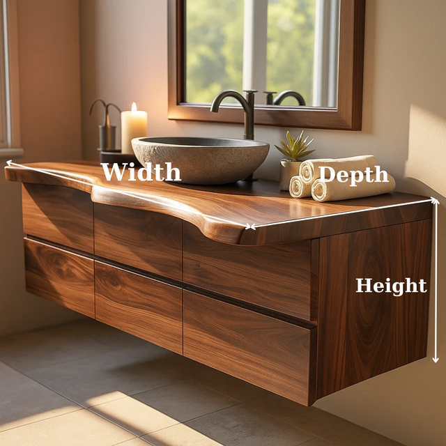 Handcrafted Solid Wood Vanity - Wide Floating Live Edge Cabinet with Drawers