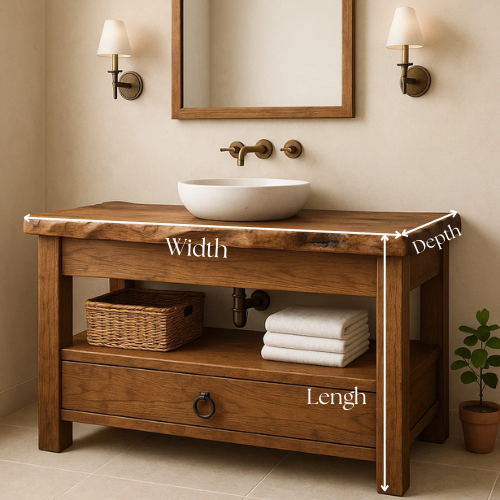 Handcrafted Solid Wood Bathroom Vanity – Live Edge Countertop with Drawer and Shelf – Rustic Organic Farmhouse Sink Console