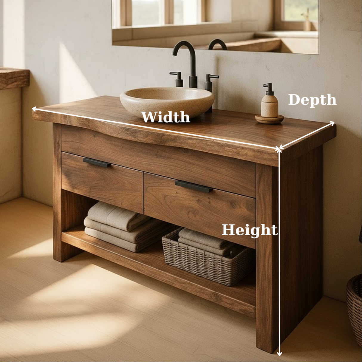 Handcrafted Solid Wood Bathroom Vanity with Live Edge Top and Open Storage Shelf