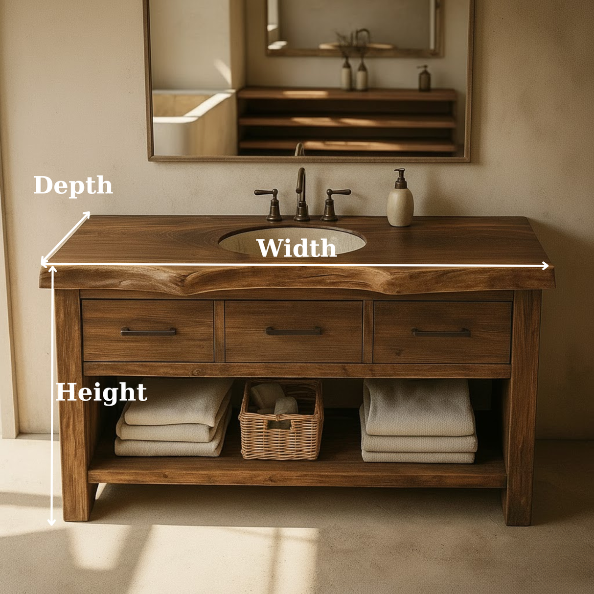 Handcrafted Solid Wood Bathroom Vanity with Live Edge Top, Triple Drawers & Open Storage Shelf