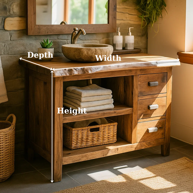 Handcrafted Solid Wood Bathroom Vanity with Live-Edge Top and Spacious Open Storage