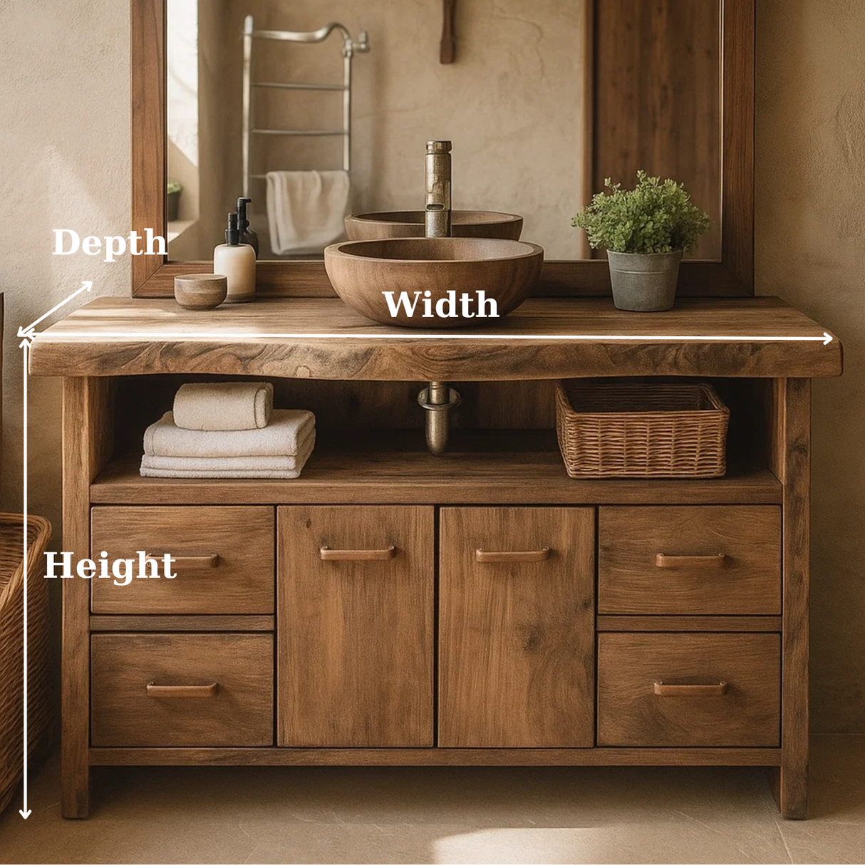 Handcrafted Solid Wood Bathroom Vanity with Live Edge Walnut Top and Double Cabinet Storage