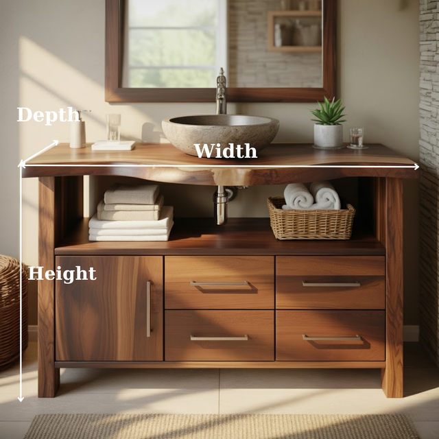 Handcrafted Solid Wood Bathroom Vanity with Live Edge Walnut Top and Storage Cabinet