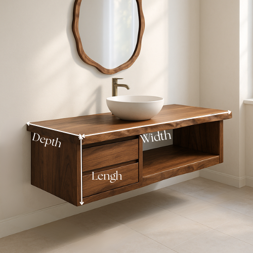 Handcrafted Floating Solid Walnut Bathroom Vanity – Live Edge Countertop with Dual Drawers and Open Shelf – Modern Rustic Design