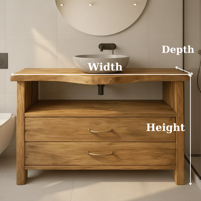 Handcrafted Solid Wood Bathroom Vanity with Live Edge Oak Top and Two Storage Drawers