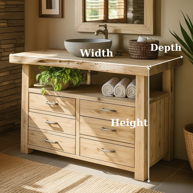 Handcrafted Solid Wood Bathroom Vanity with Live Edge Maple Top and 6 Storage Drawers