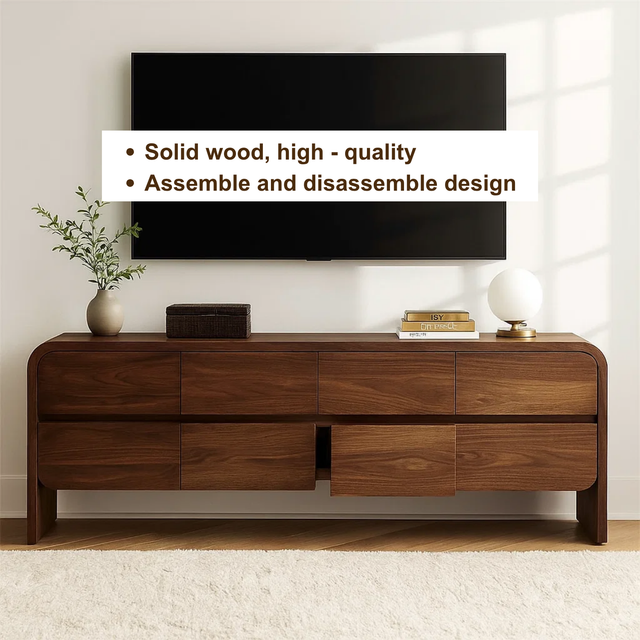 Handcrafted Solid Wood TV Stand – Modern Curved Edge Media Console with Hidden Storage
