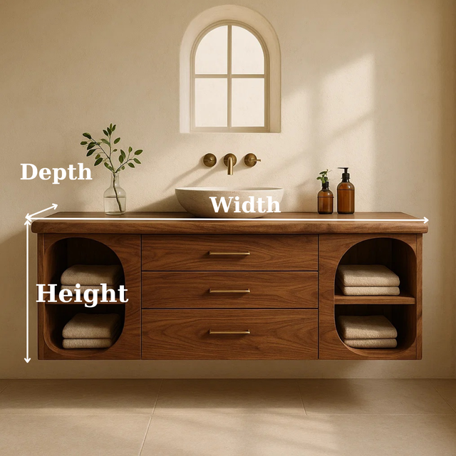 Handcrafted Solid Wood Floating Vanity - Modern Wall-Mounted Cabinet with Arches