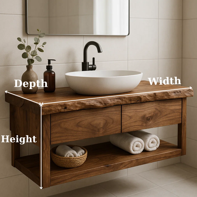 Handcrafted Solid Wood Floating Bathroom Vanity with Live Edge Top - Modern Rustic Washstand