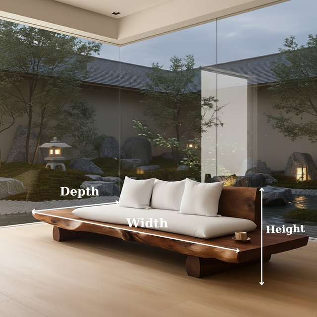 Handcrafted Solid Wood Sofa – Low Live Edge Wood Couch with Minimalist Zen Design