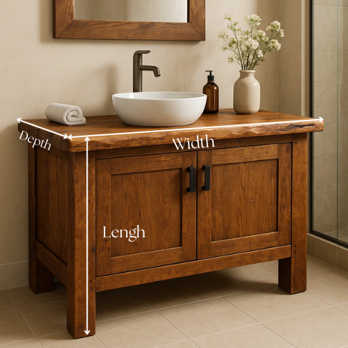 Handcrafted Solid Oak Bathroom Vanity – Live Edge Countertop with Double Doors – Rustic Modern Wood Design for Warm Natural Bathroom Interiors