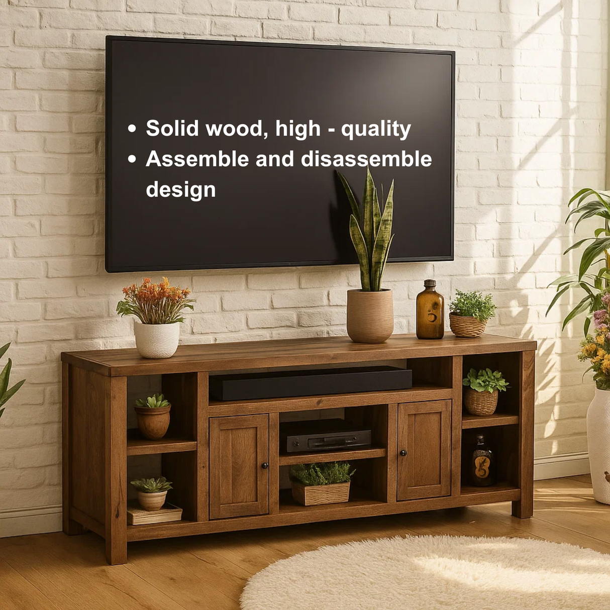 Handcrafted Solid Wood TV Stand – Rustic Entertainment Console with Shelves and Cabinets