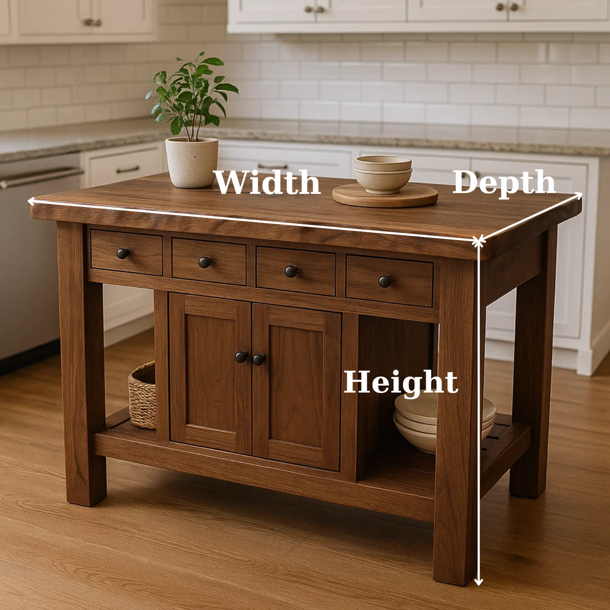 Handcrafted Solid Wood Kitchen Island - 4 Drawers & Cabinet Storage