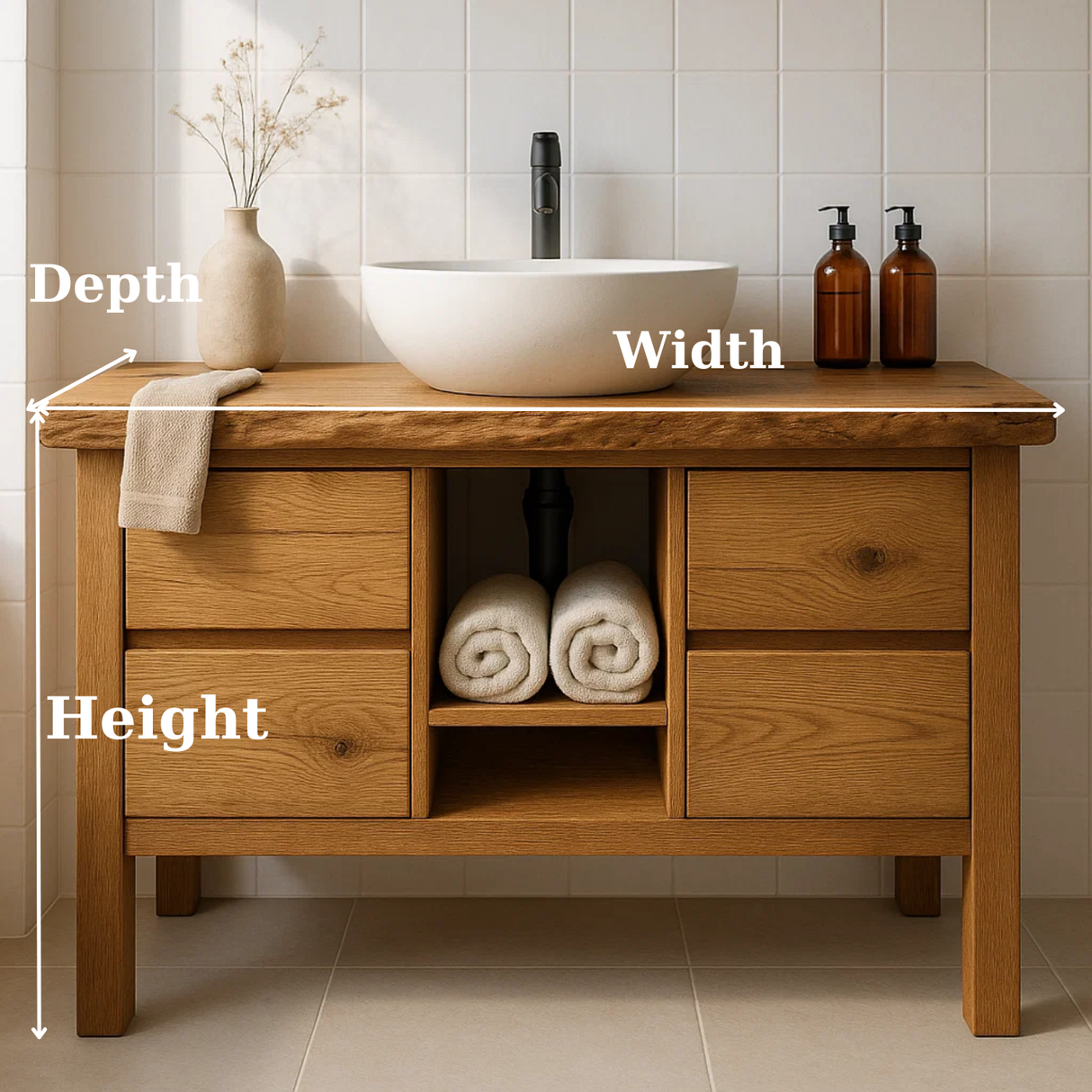 Handcrafted Solid Wood Bathroom Vanity - Live Edge Top with Drawers & Open Shelf Storage