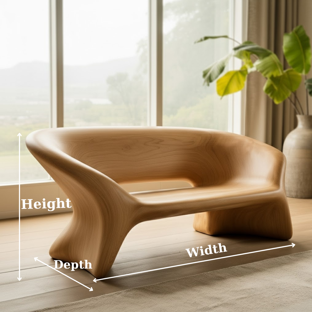 Handcrafted Solid Wood Sofa – Sculptural Organic Bench-Style Couch with Smooth Minimalist Design