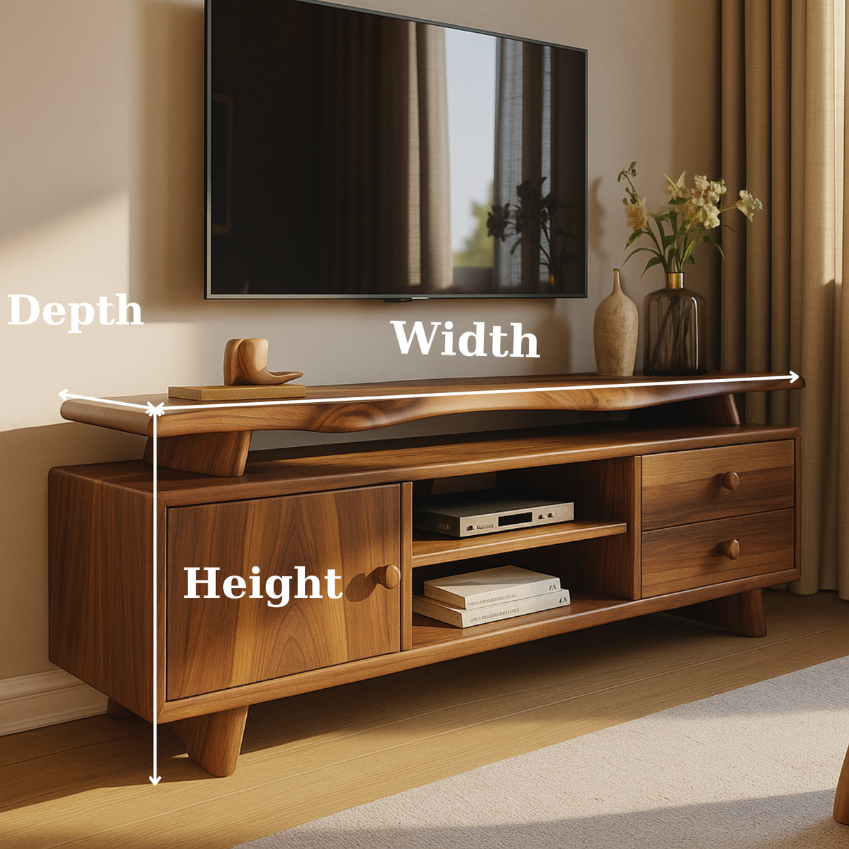 Handcrafted Solid Wood TV Stand - Sculptural Mid-Century Console with Curved Top