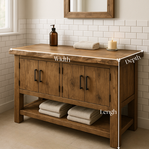 Handcrafted Solid Wood Bathroom Vanity – Live Edge Top with Four Doors & Open Shelf
