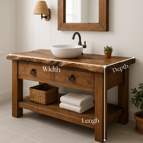 Handcrafted Live Edge Bathroom Vanity – Solid Wood Sink Console with Rustic Drawers and Open Storage Shelf