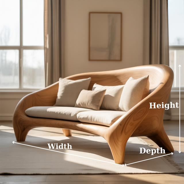 Handcrafted Solid Wood Sofa – Modern Organic Curved Couch with Smooth Sculptural Frame and Linen Cushions