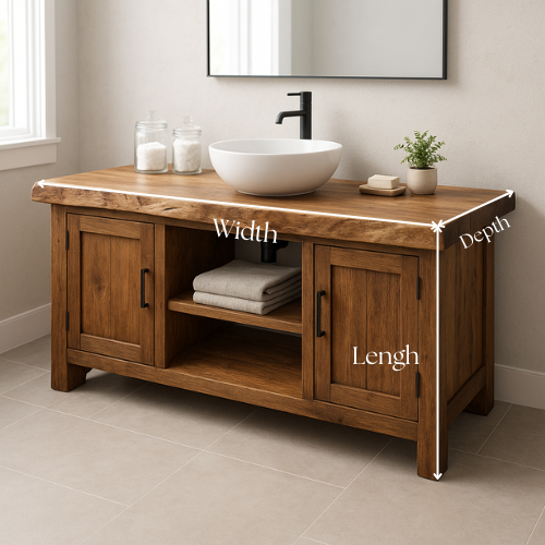 Handcrafted Solid Walnut Bathroom Vanity – Live Edge Wood Countertop with Double Cabinets & Open Shelf – Modern Rustic Design for Warm Spaces