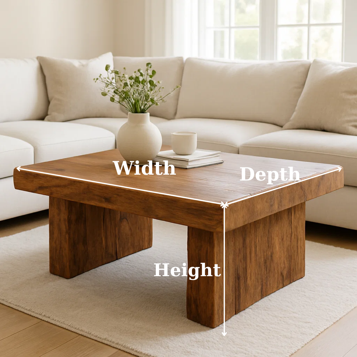 Handcrafted Solid Wood Coffee Table – Rustic Block Base Design for Living Room