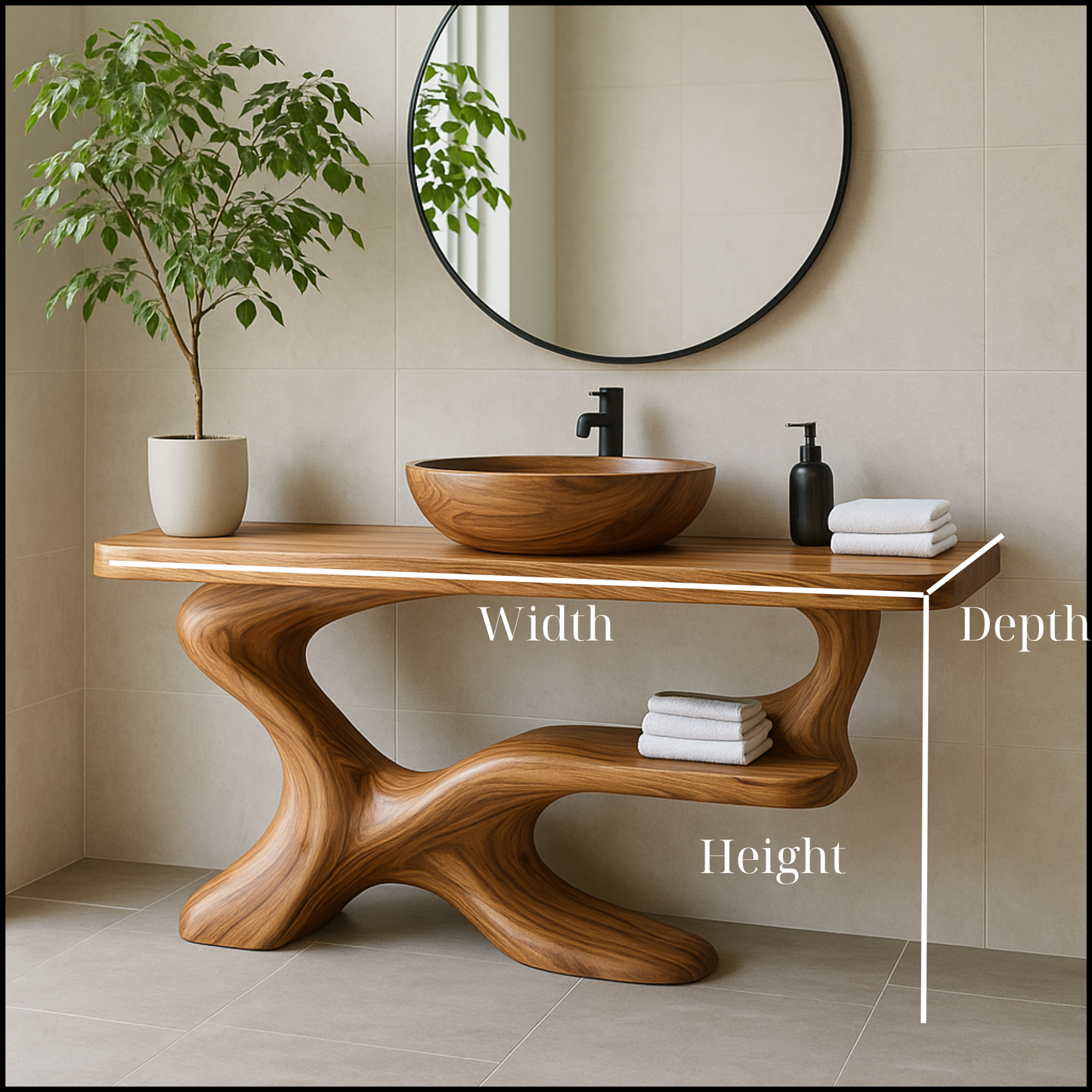 Organic Solid Wood Bathroom Vanity with Vessel Sink – Handcrafted Sculptural Design