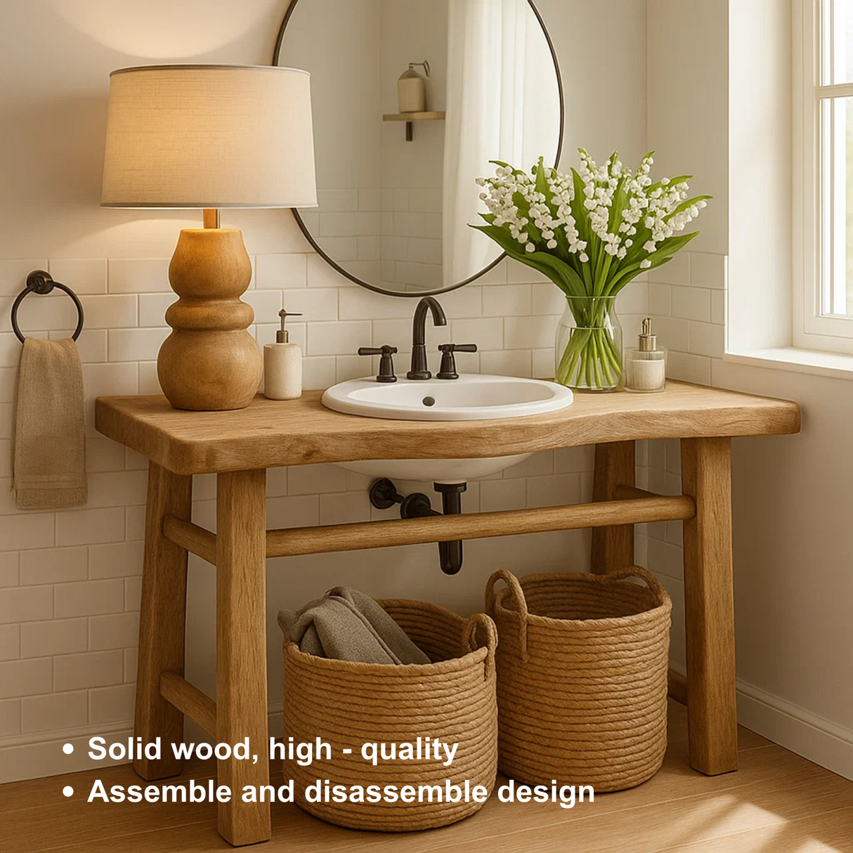 Handcrafted Solid Wood Bathroom Vanity with Minimalist Design and Natural Finish for Modern Spaces