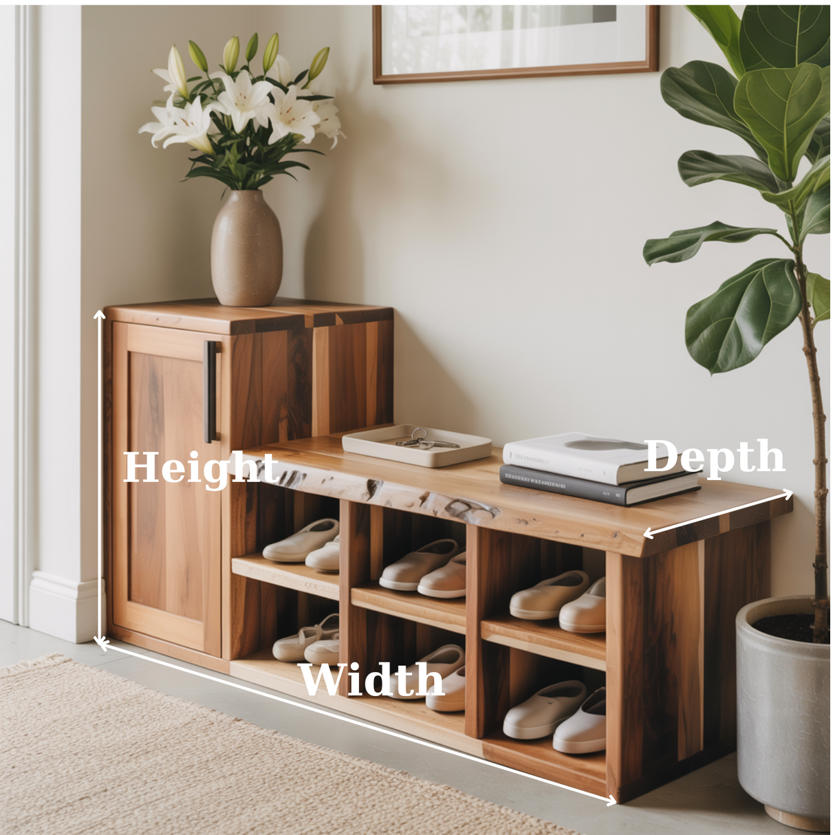 Handcrafted Solid Wood Bench - Live-Edge Entryway Shoe Storage Cabinet