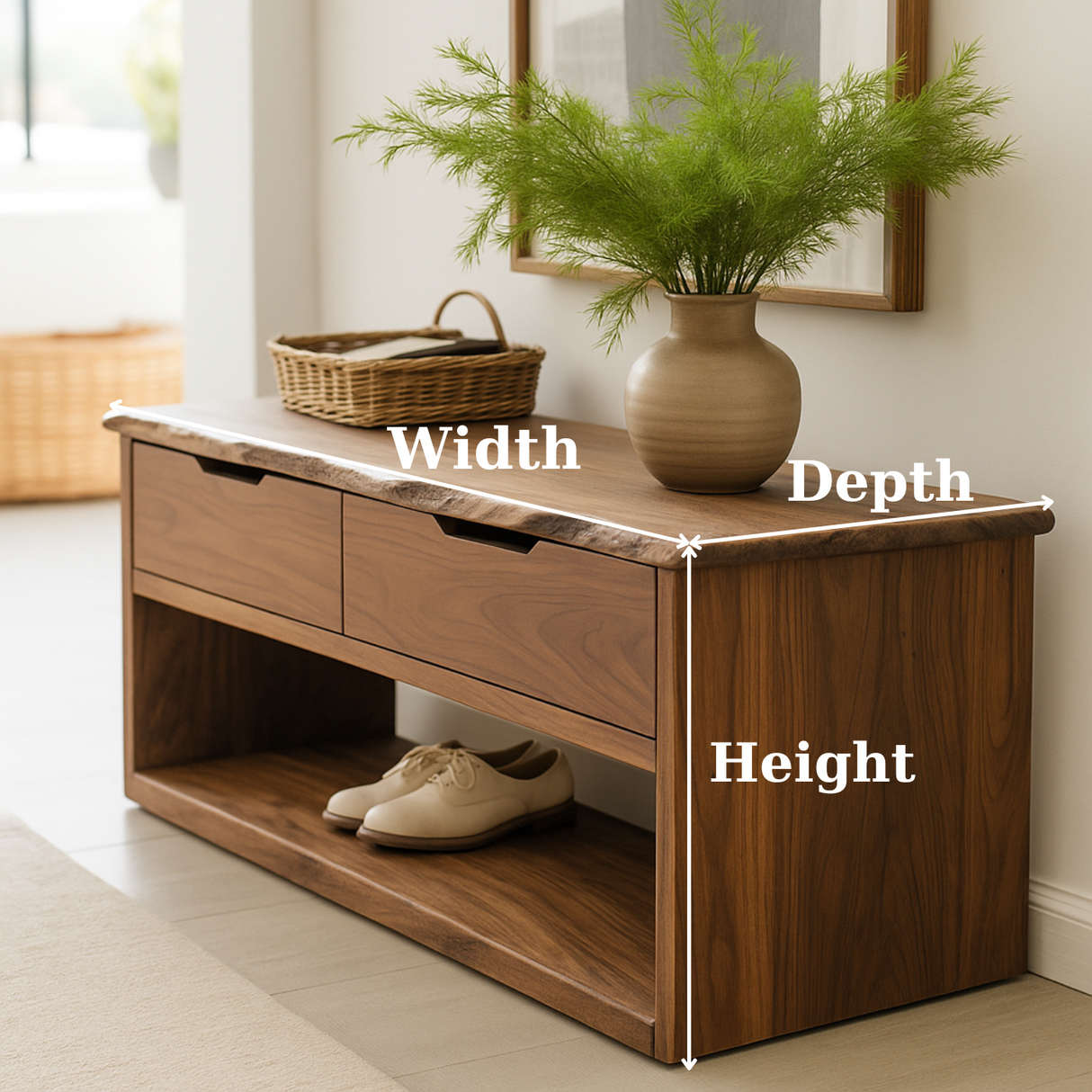 Handcrafted Solid Wood Bench – Live-Edge Entryway Bench with Drawers