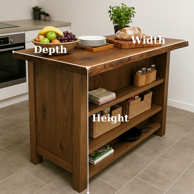 Handcrafted Solid Wood Kitchen Island - Rustic Live Edge & Open Shelves