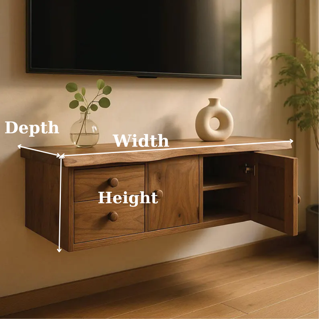 Handcrafted Solid Wood Floating TV Stand, Live Edge Media Console with Cabinet & Drawers