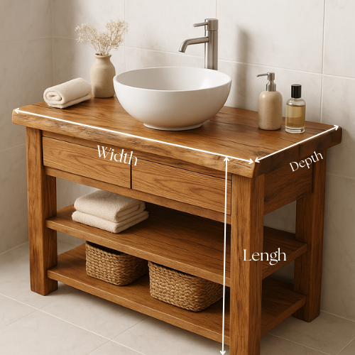 Solid Wood Bathroom Vanity – Handcrafted Live Edge Countertop with Drawers & Open Shelves – Rustic Farmhouse Vanity for Modern Interiors