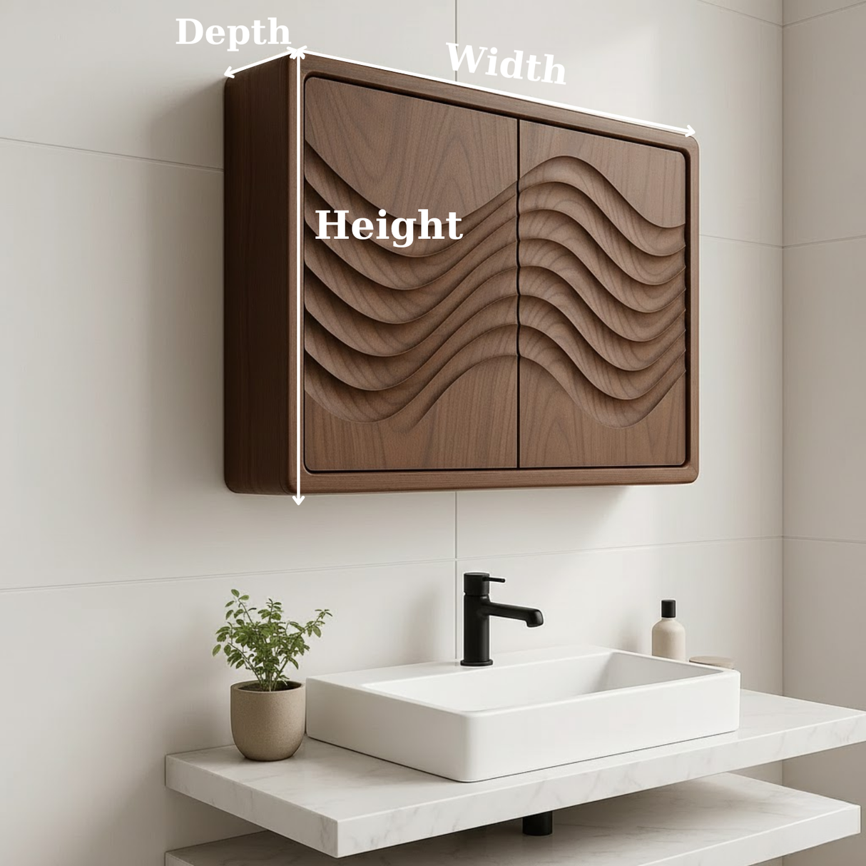 Handcrafted Solid Wood Wall Cabinet with Sculpted Wave Doors – Modern Artistic Bathroom Storage